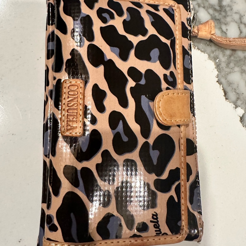 Consuela Leopard Patent Wallet in Tan, Black, Blue-Gray